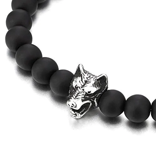 Mens 8MM Beads Bracelet with Stainless Steel Wolf Head Charm, Stretchable