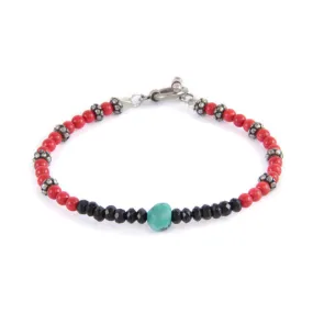 Mens Coral Semi Precious Stone and Small Black Faceted Bead and Turquoise Accent Toggle Bracelet