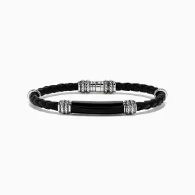 Men's Sterling Silver and Leather Onyx Bracelet, 13.00