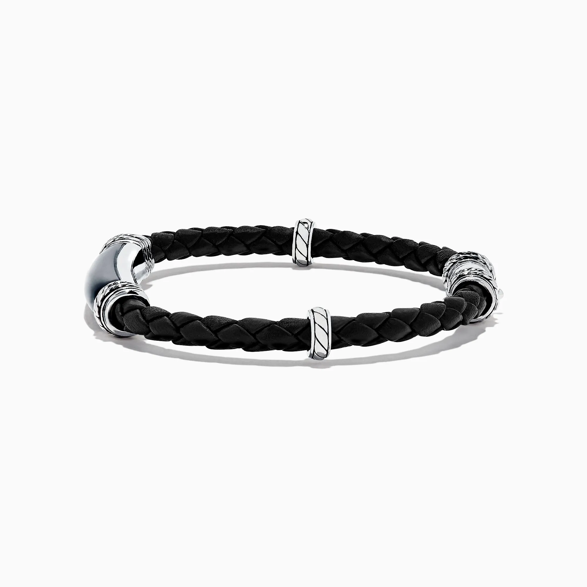 Men's Sterling Silver and Leather Onyx Bracelet, 13.00