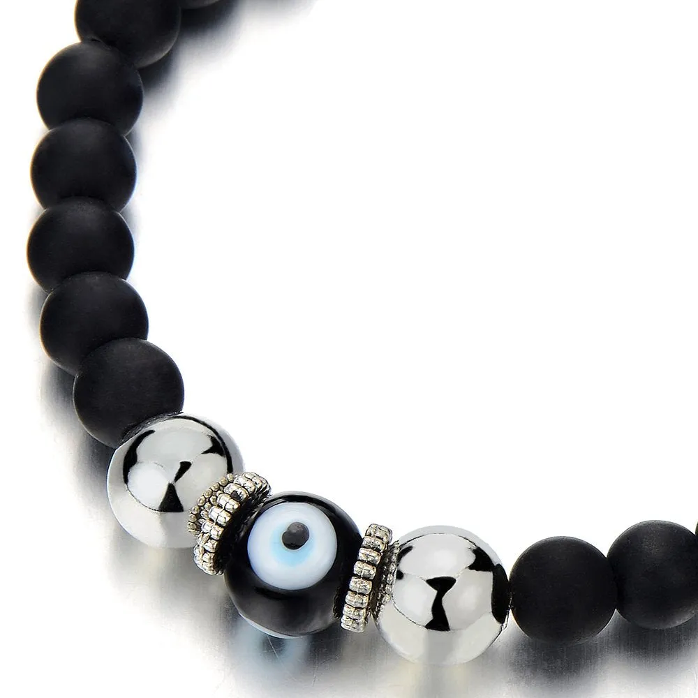 Mens Women Mat Black Bead Bracelet with Murano-Style Glass Evil Eye Bead, Protection Prayer Mala