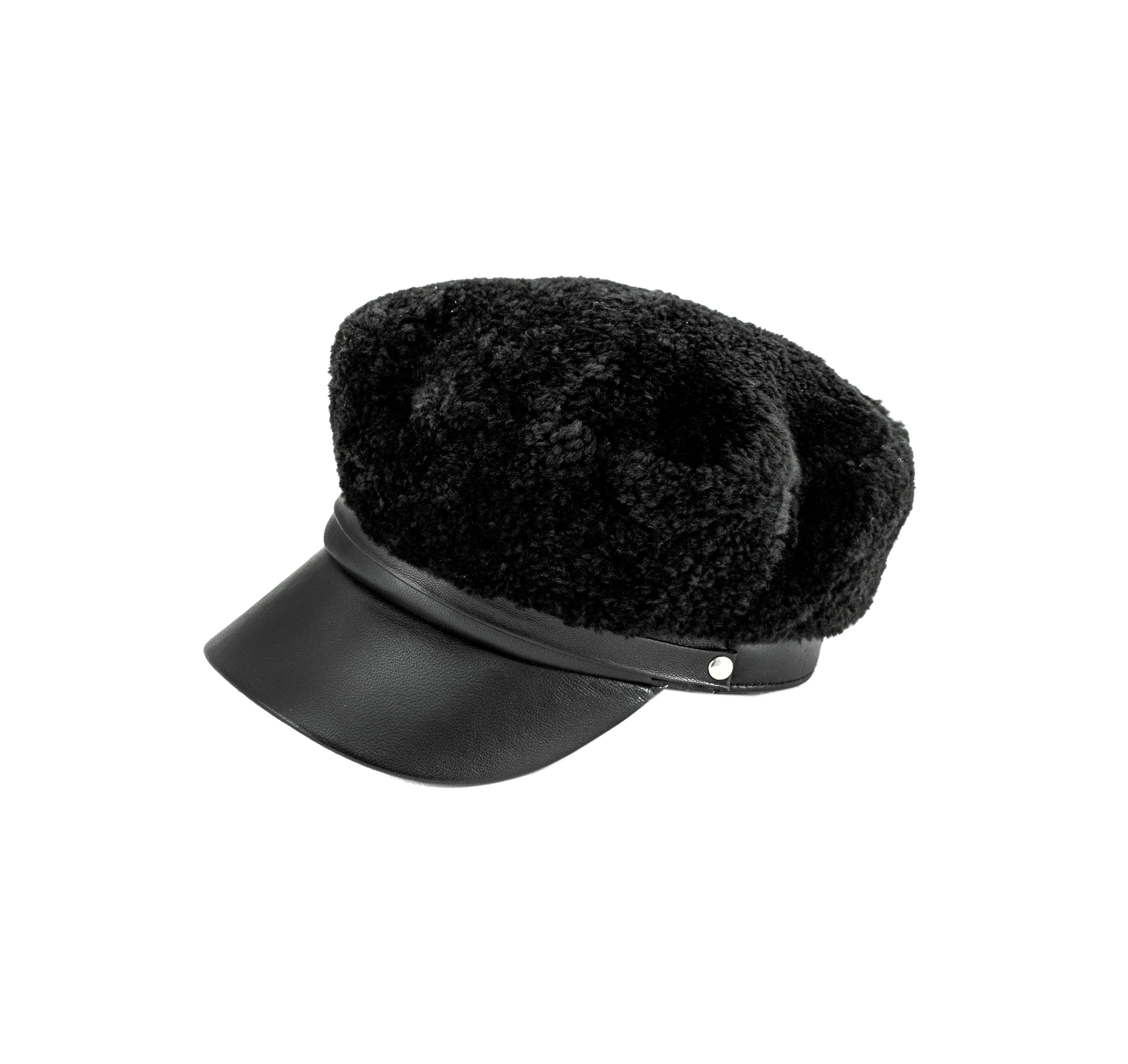 Mitchie's | Curly Lamb Chauffeur Hat with Leather Trim