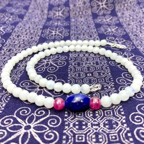 Moonstone, Lapis Lazuli and Pink Sapphire Necklace With Sterling Silver Trigger Clasp