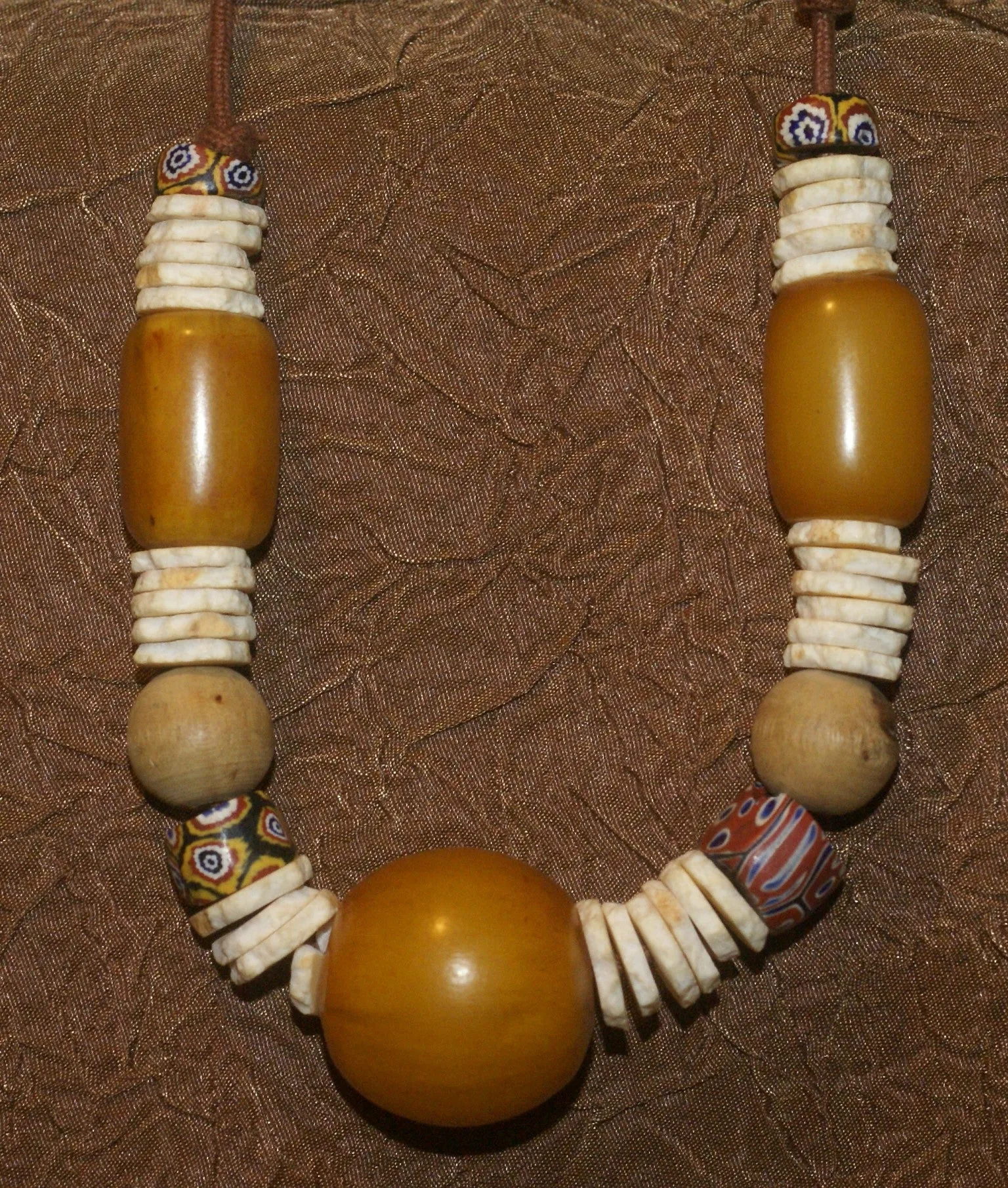 MOROCCO TRIBAL BERBER TOUAREG DOWRY WEDDING ETHNIC BEADS NECKLACE , BRIDE PRICE, WITH AMBER BEADS , WOOD BALLS, CONUS SHELL RINGS, AND COLORFUL GLASS BEADS NECK25   LONG OTHER COCONUT SHELL NECKLACE