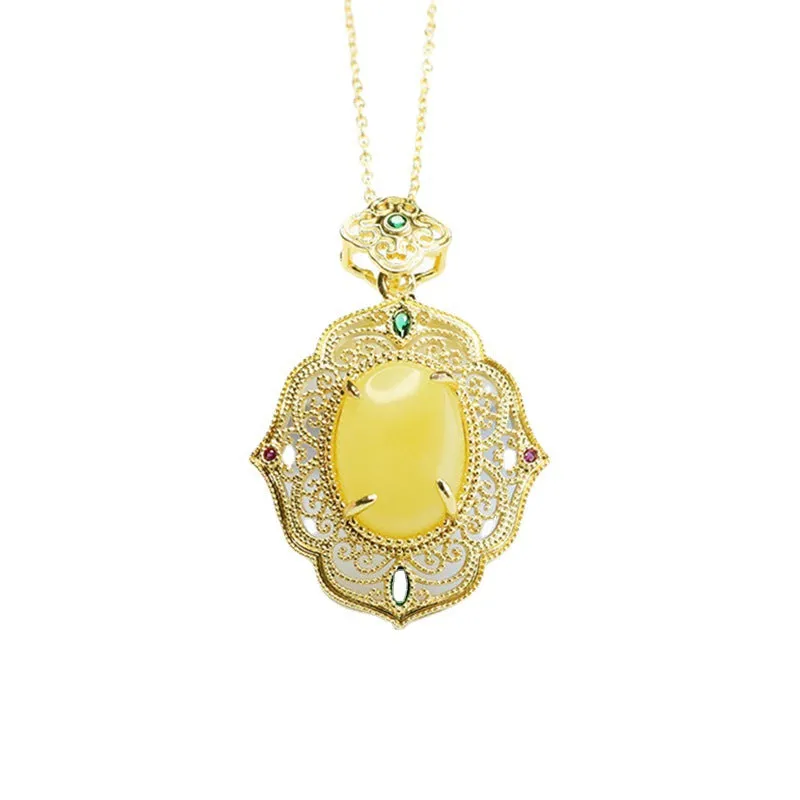 National Style Hollow Petal Sterling Silver Necklace With Beeswax Amber Gem