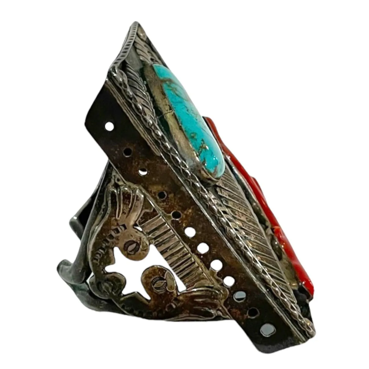 Native American Converted Bowguard Cuff with Turquoise and Coral Inlay