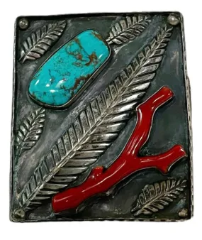 Native American Converted Bowguard Cuff with Turquoise and Coral Inlay