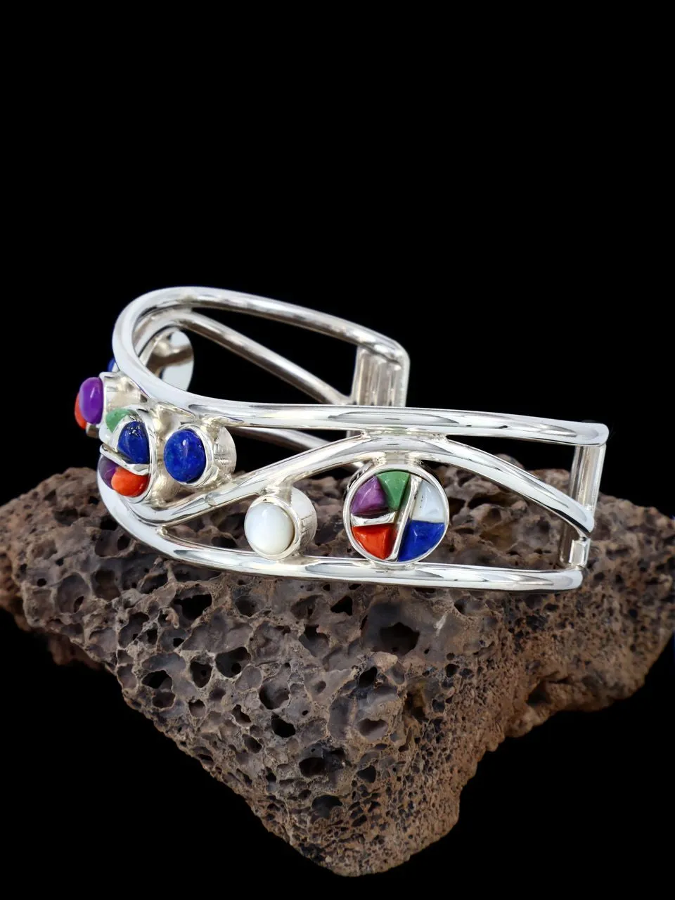 Native American Multistone Inlay Sterling Silver Cuff Bracelet