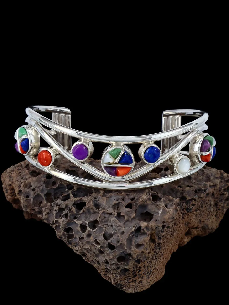 Native American Multistone Inlay Sterling Silver Cuff Bracelet