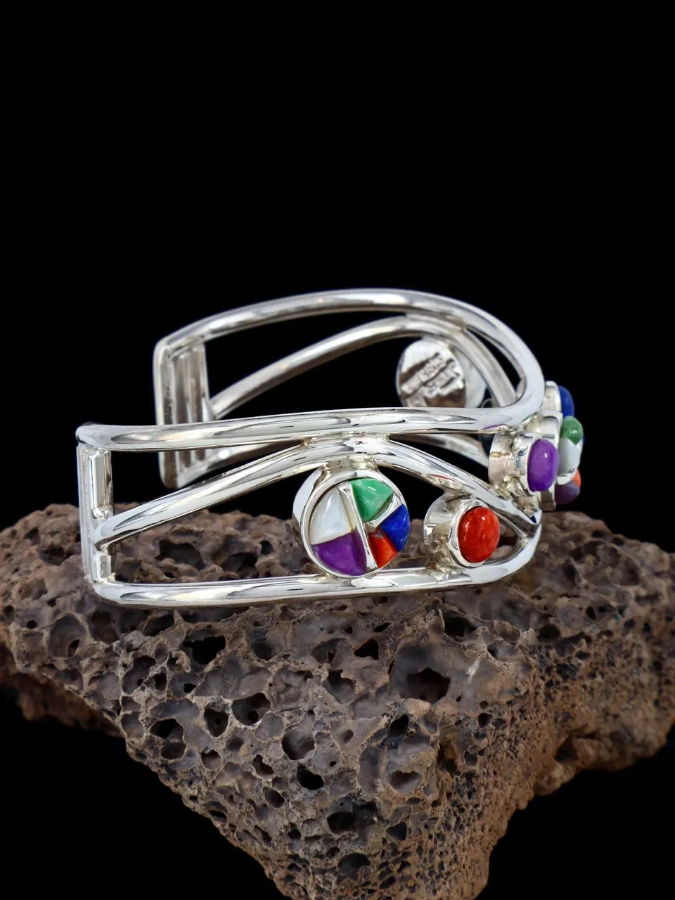 Native American Multistone Inlay Sterling Silver Cuff Bracelet