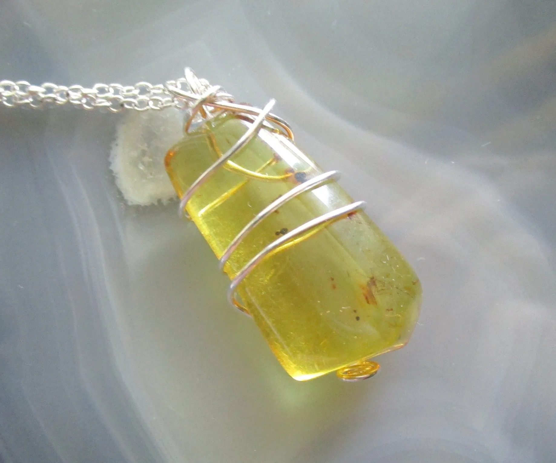 Natural Baltic Gold Amber Wire Wrapped Pendant Necklace