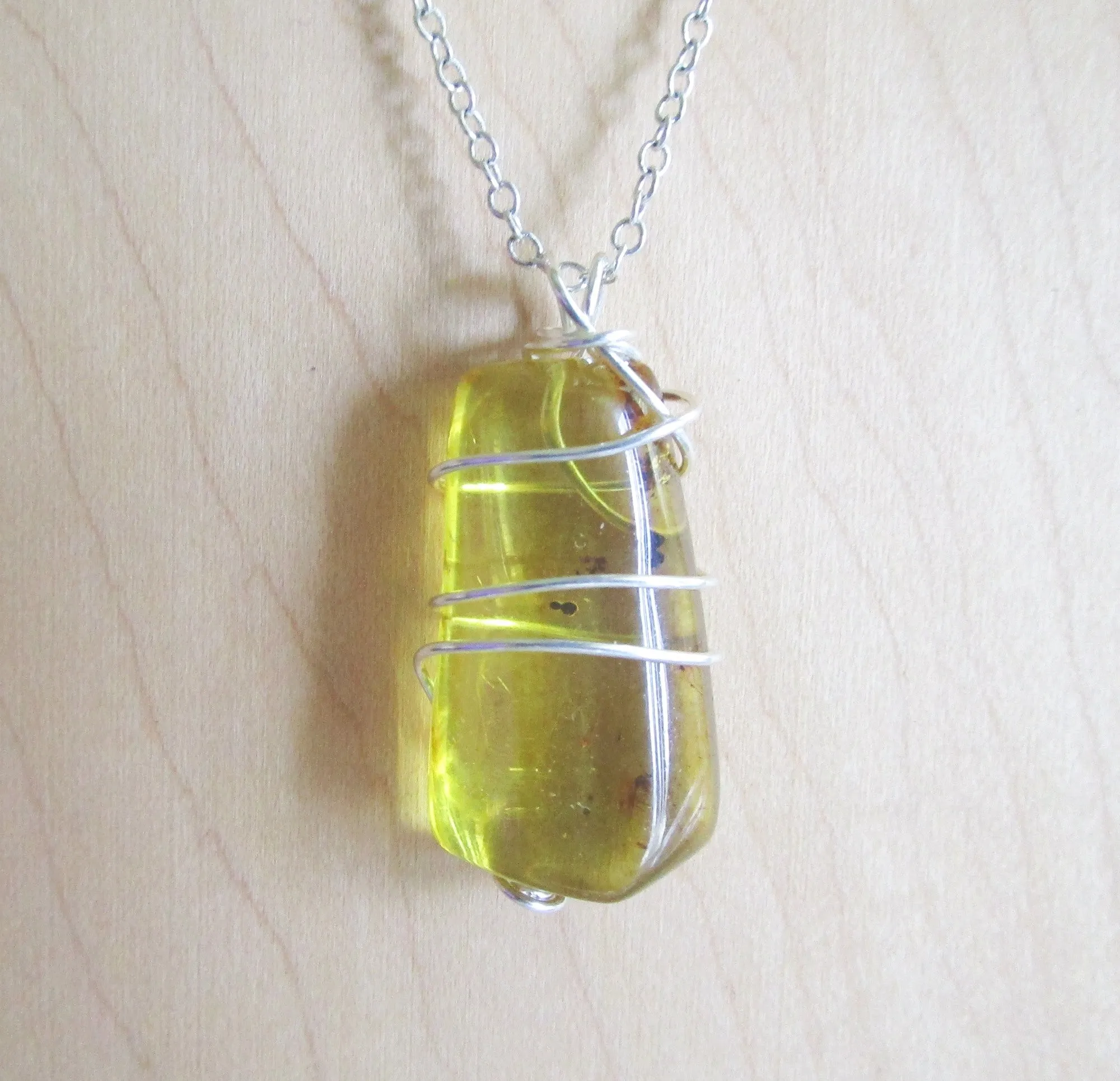 Natural Baltic Gold Amber Wire Wrapped Pendant Necklace