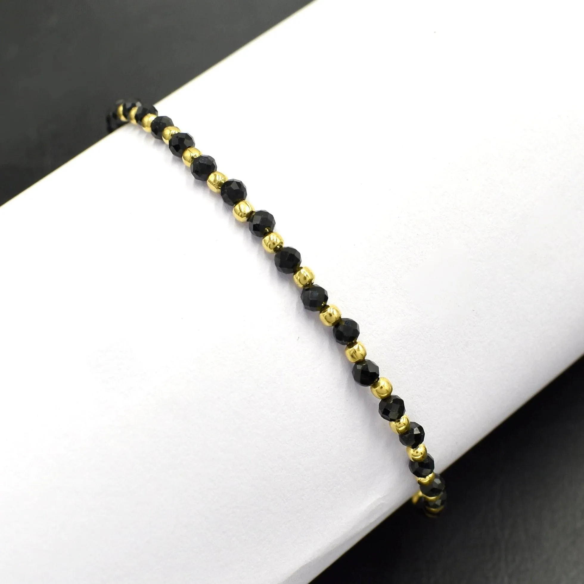 Natural Black Onyx Beaded Silver Bracelet