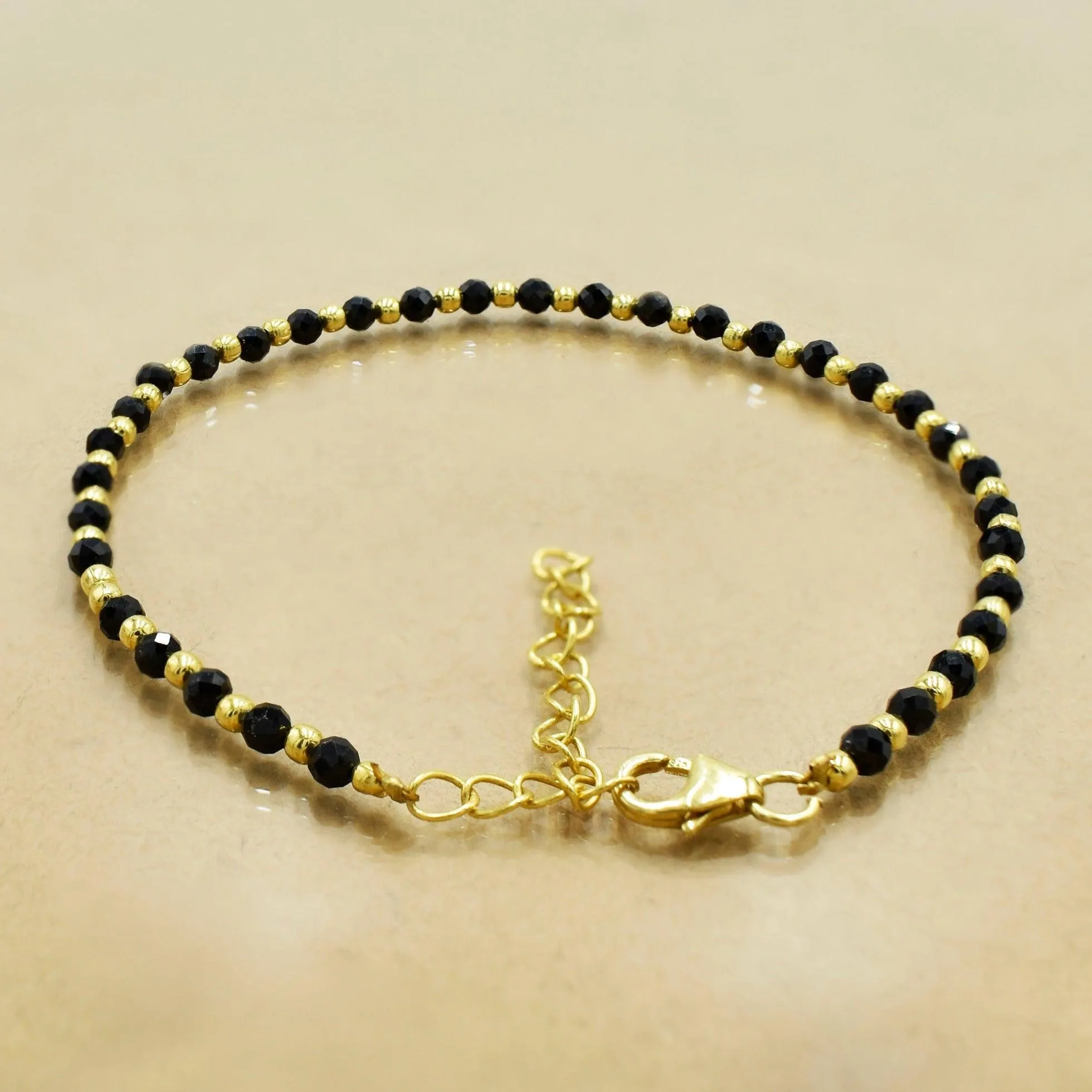 Natural Black Onyx Beaded Silver Bracelet