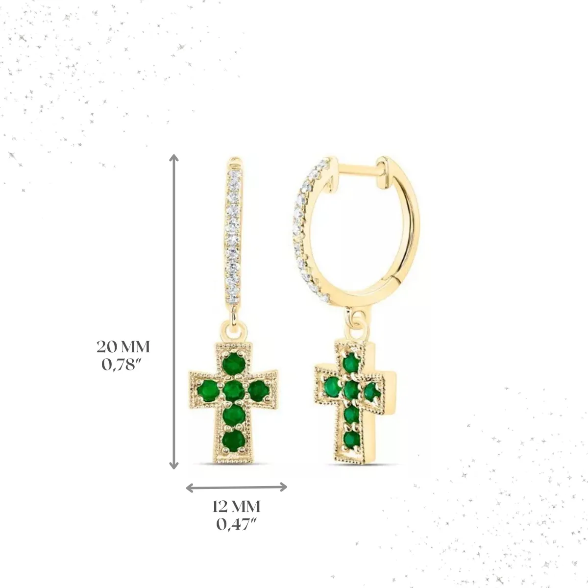 Natural Green Emerald & Diamond Cross Hoop Dangle Earrings 14k Yellow Gold