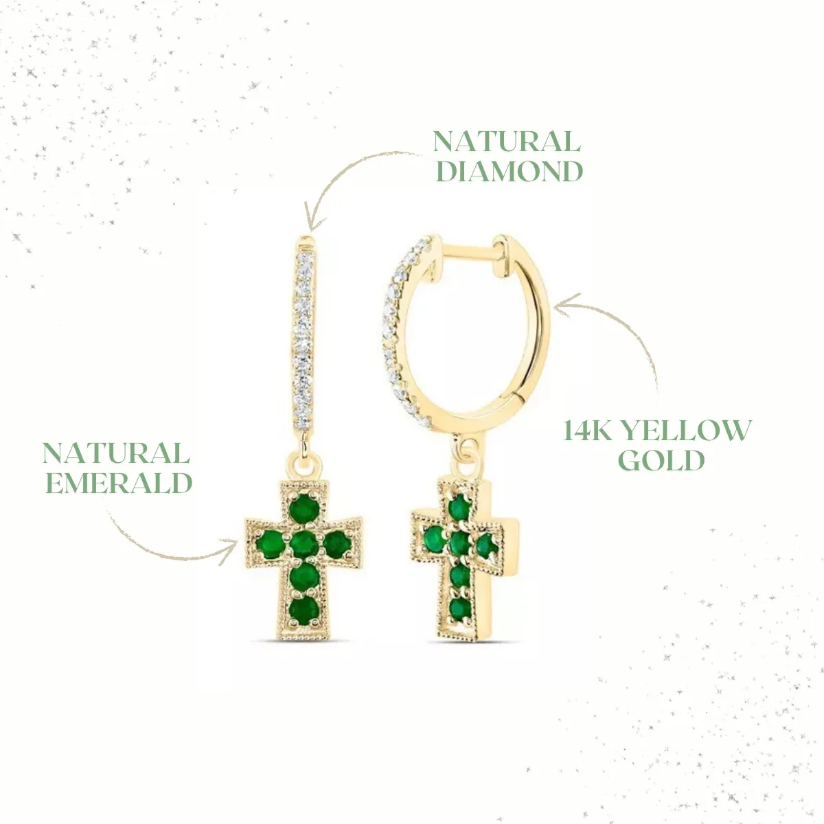 Natural Green Emerald & Diamond Cross Hoop Dangle Earrings 14k Yellow Gold