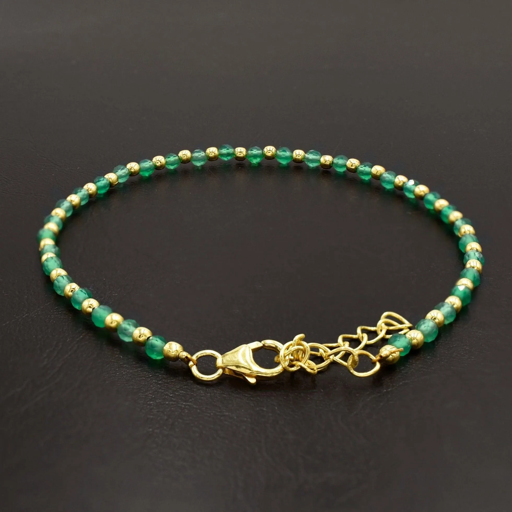 Natural Green Onyx Beaded Silver Bracelet