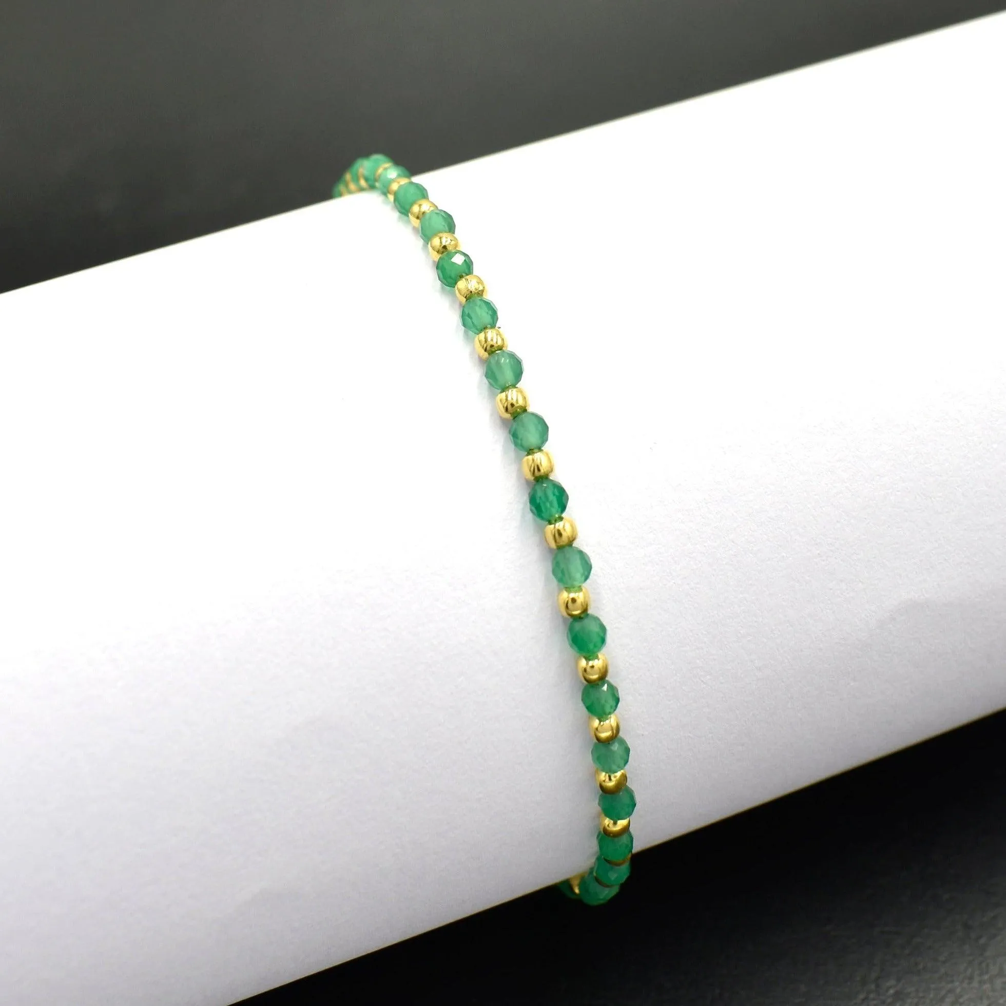 Natural Green Onyx Beaded Silver Bracelet