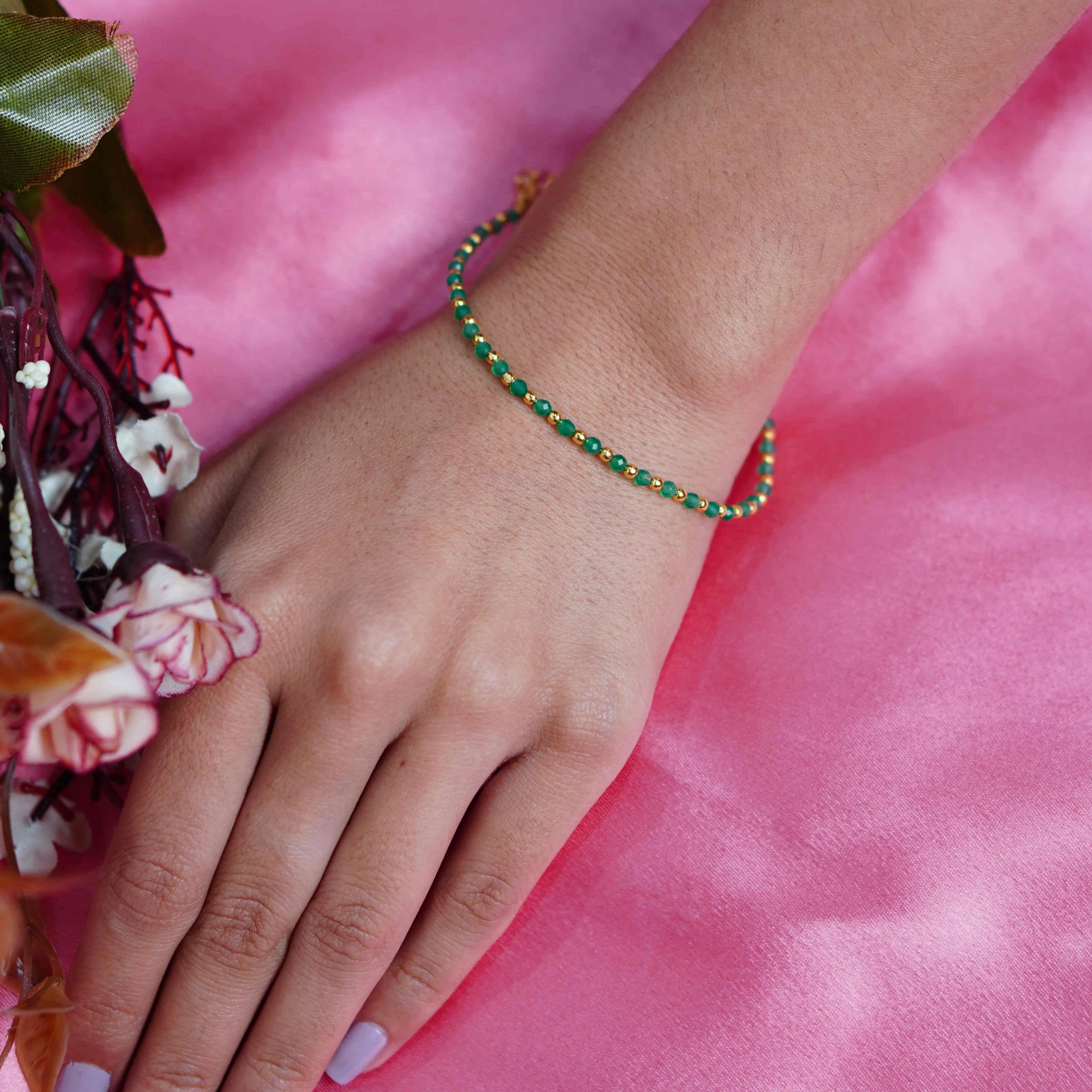 Natural Green Onyx Beaded Silver Bracelet