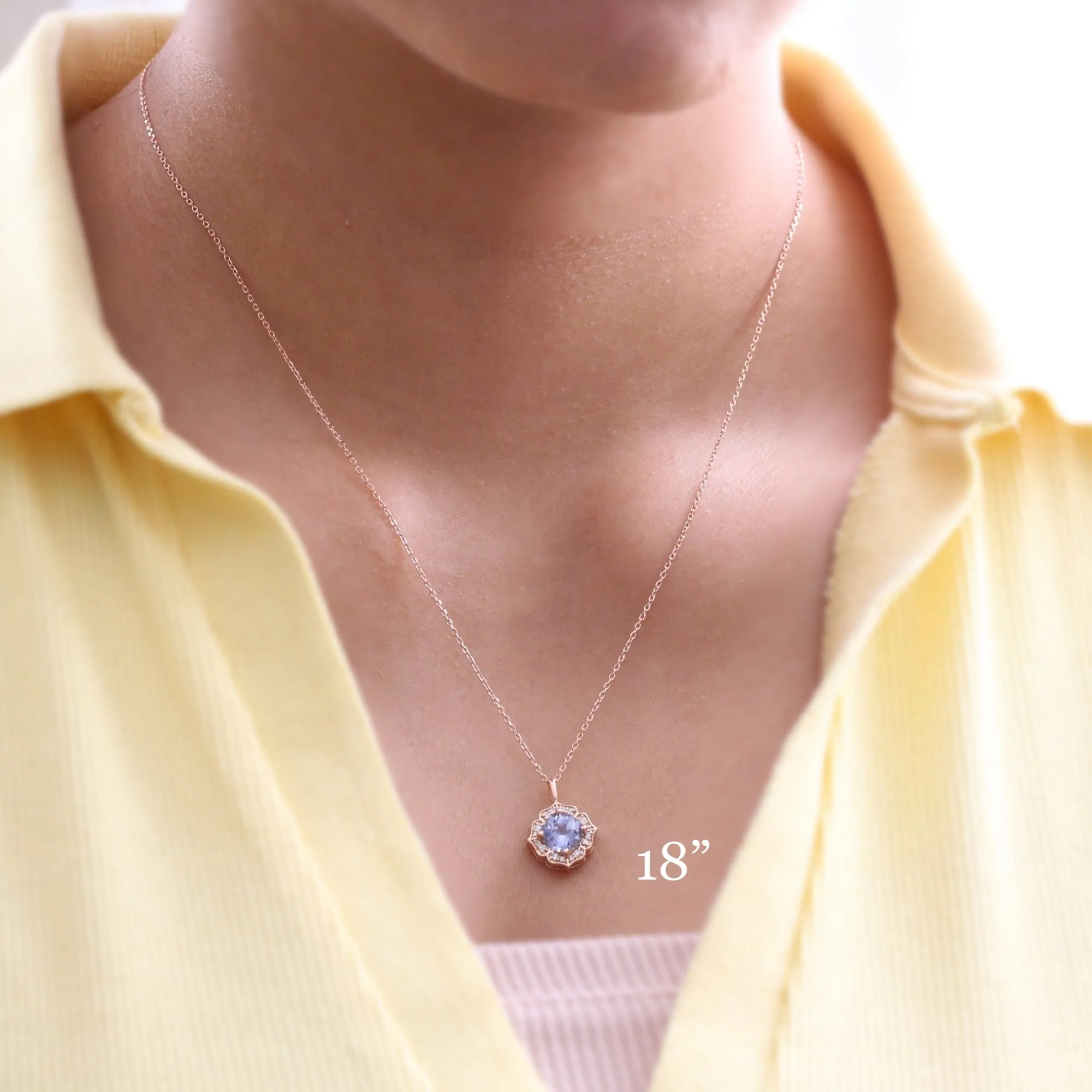 Natural Lavender Sapphire Necklace in 14k Rose Gold Vintage Floral Diamond Pendant