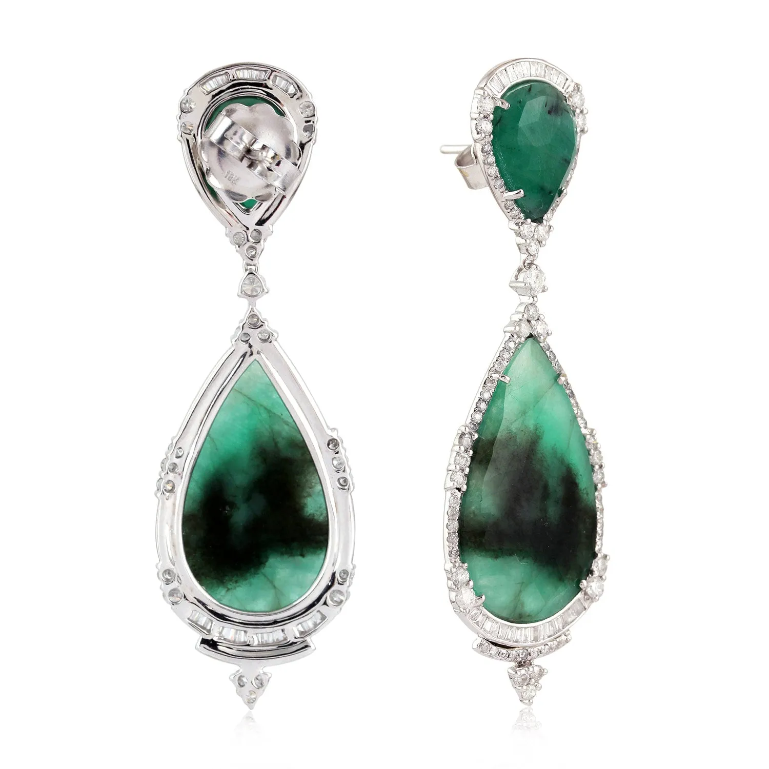 Natural Pear Cut Emerald Beautiful Dangler Baguette Diamond 18K White Gold Jewelry