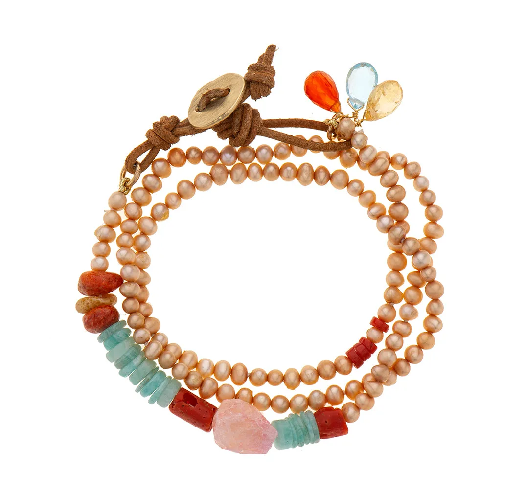 Nava Zahavi Yellow Gold Pearl,Coral and Aquamarine Bracelet