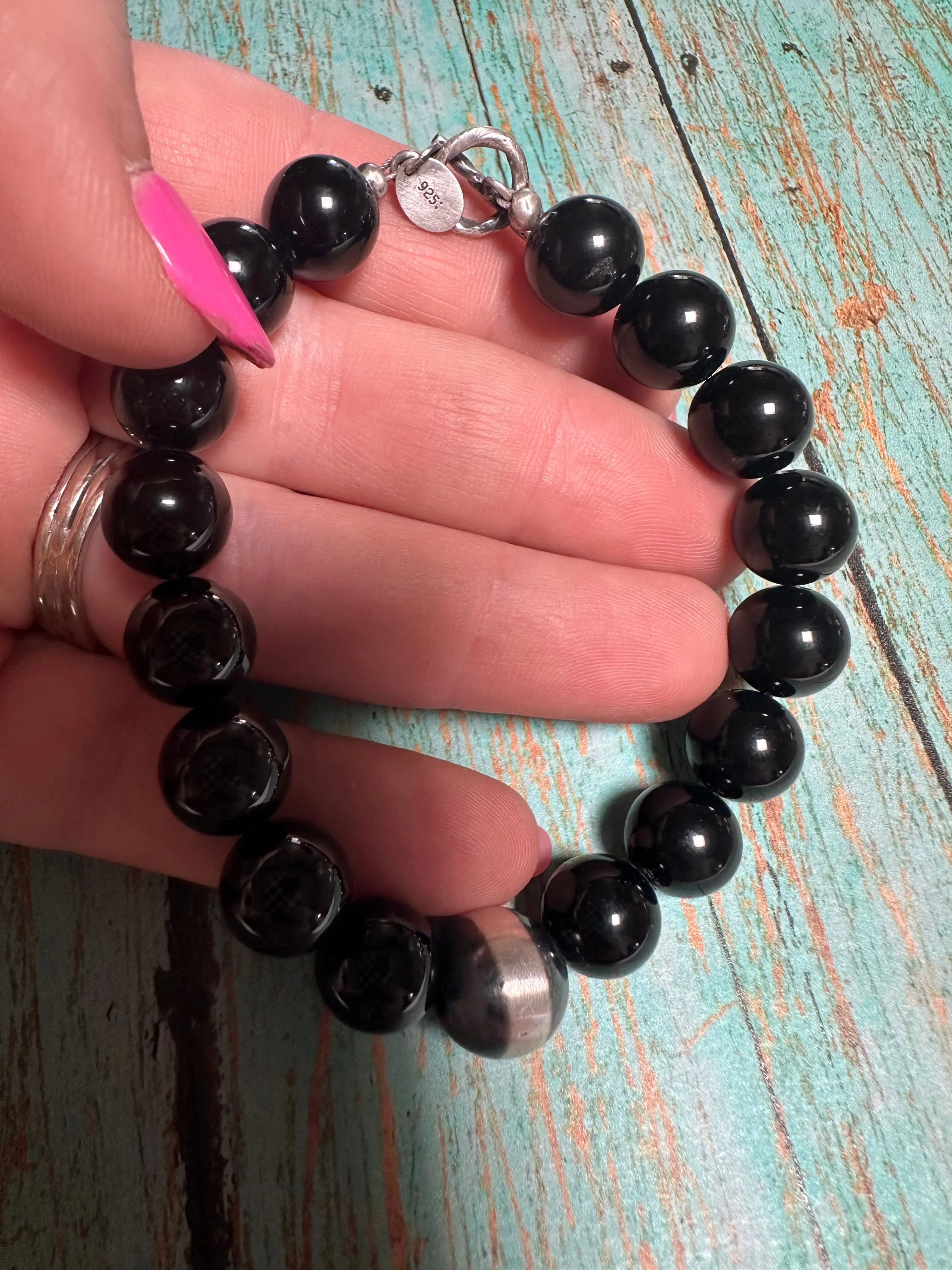 Navajo 8mm Sterling Silver Pearl & Black Onyx Beaded Bracelet