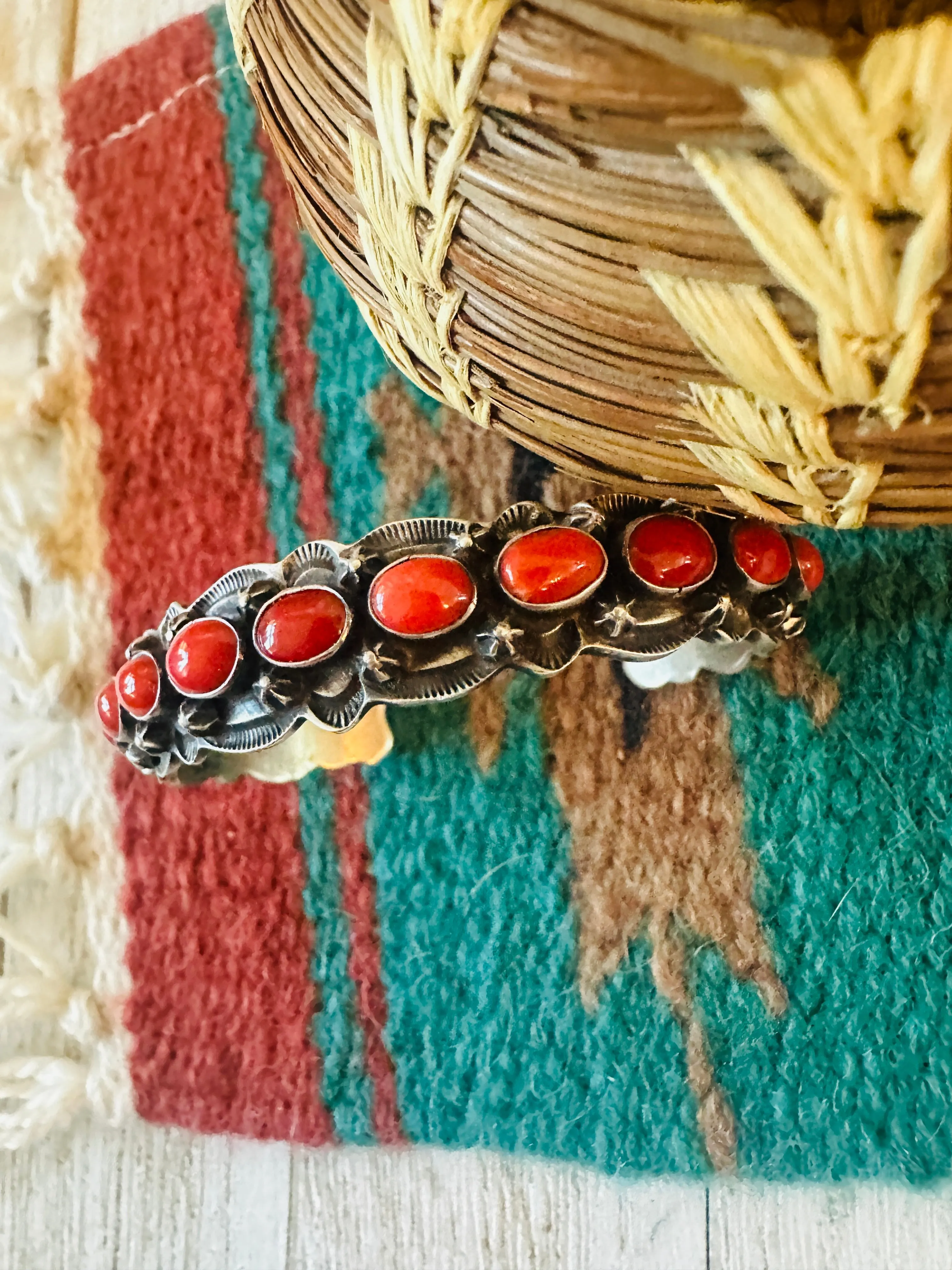 Navajo Coral & Sterling Silver Cuff Bracelet by Shawn Cayatineto