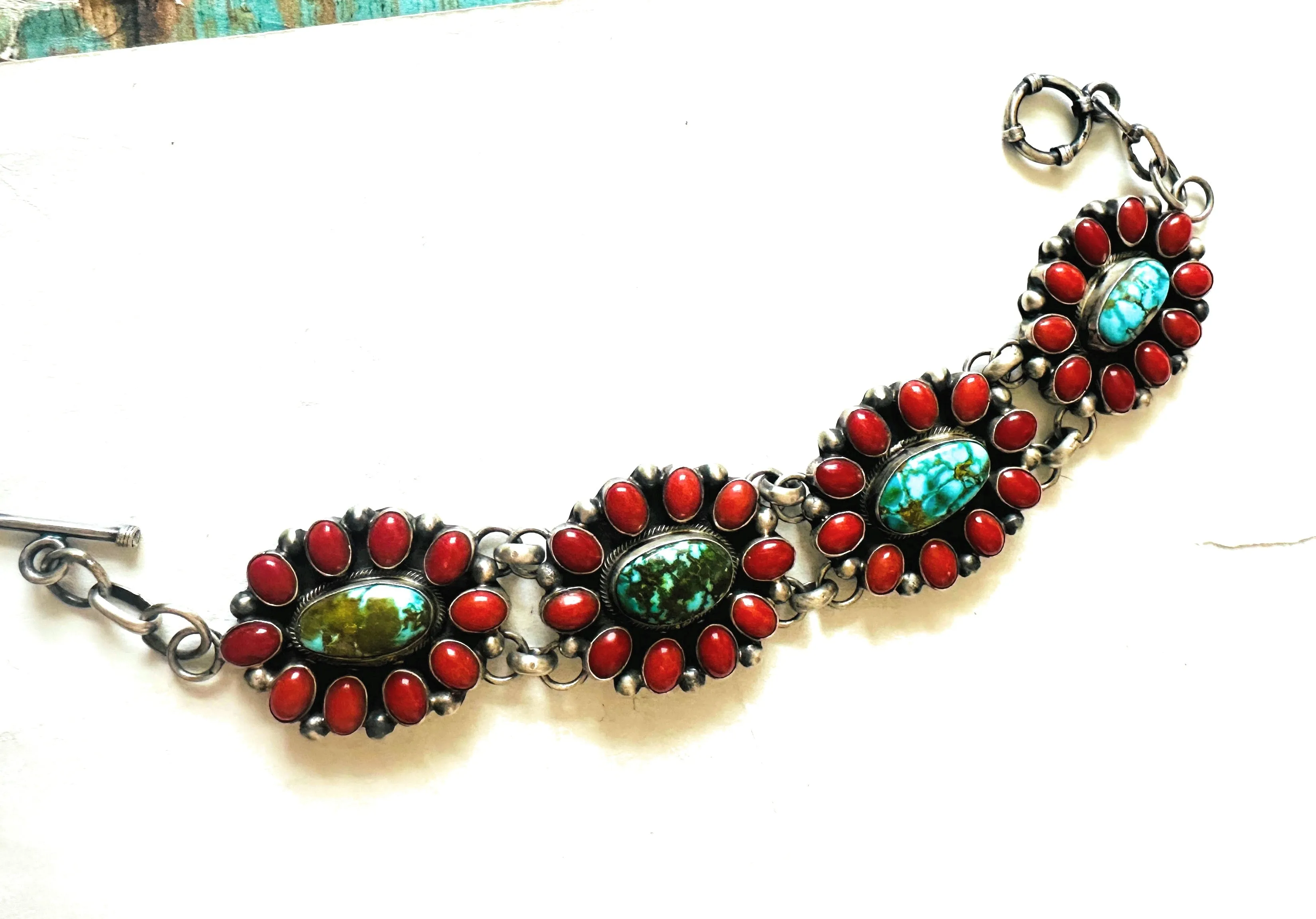 Navajo Coral, Turquoise & Sterling Silver Link Bracelet