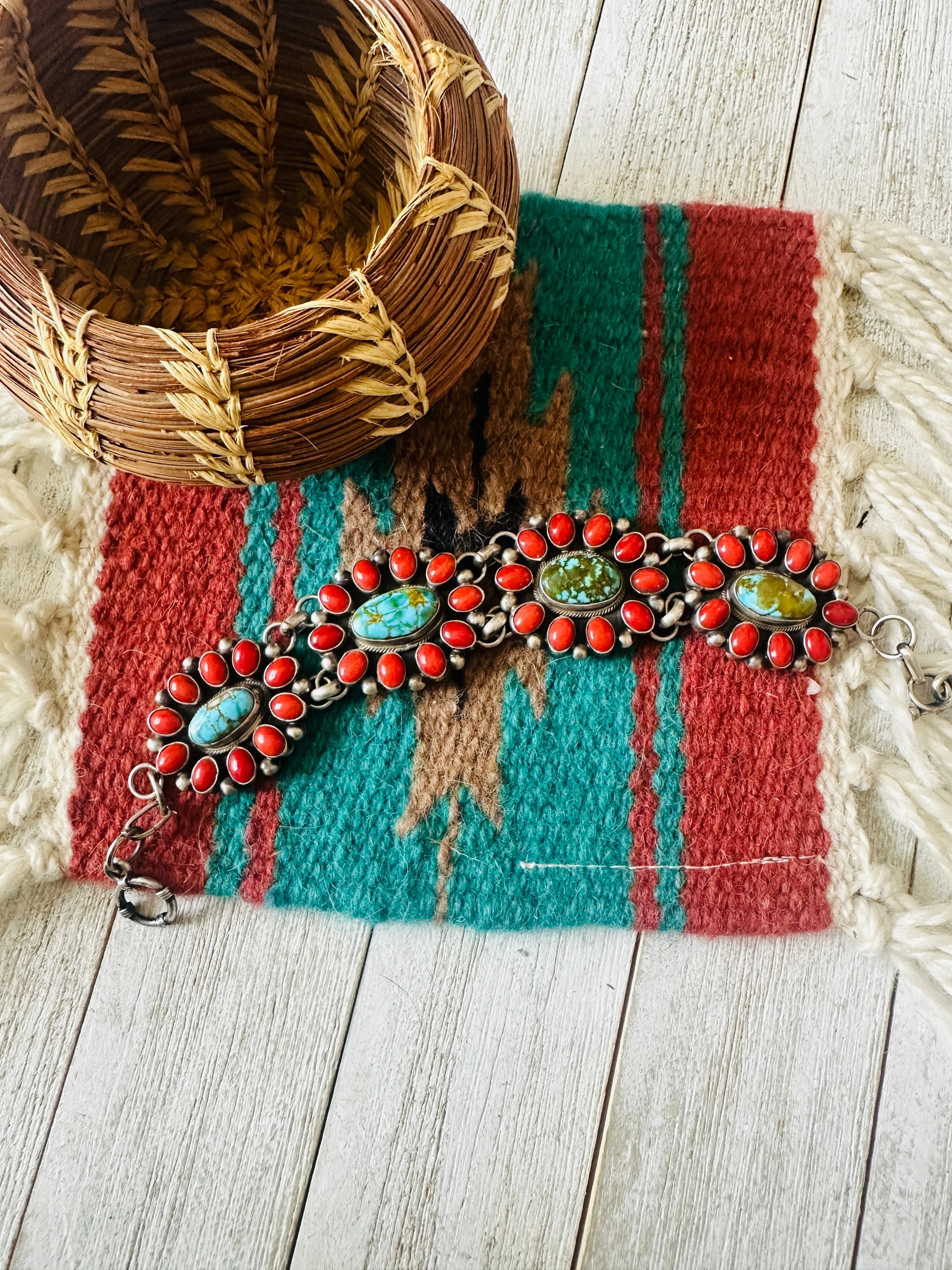 Navajo Coral, Turquoise & Sterling Silver Link Bracelet