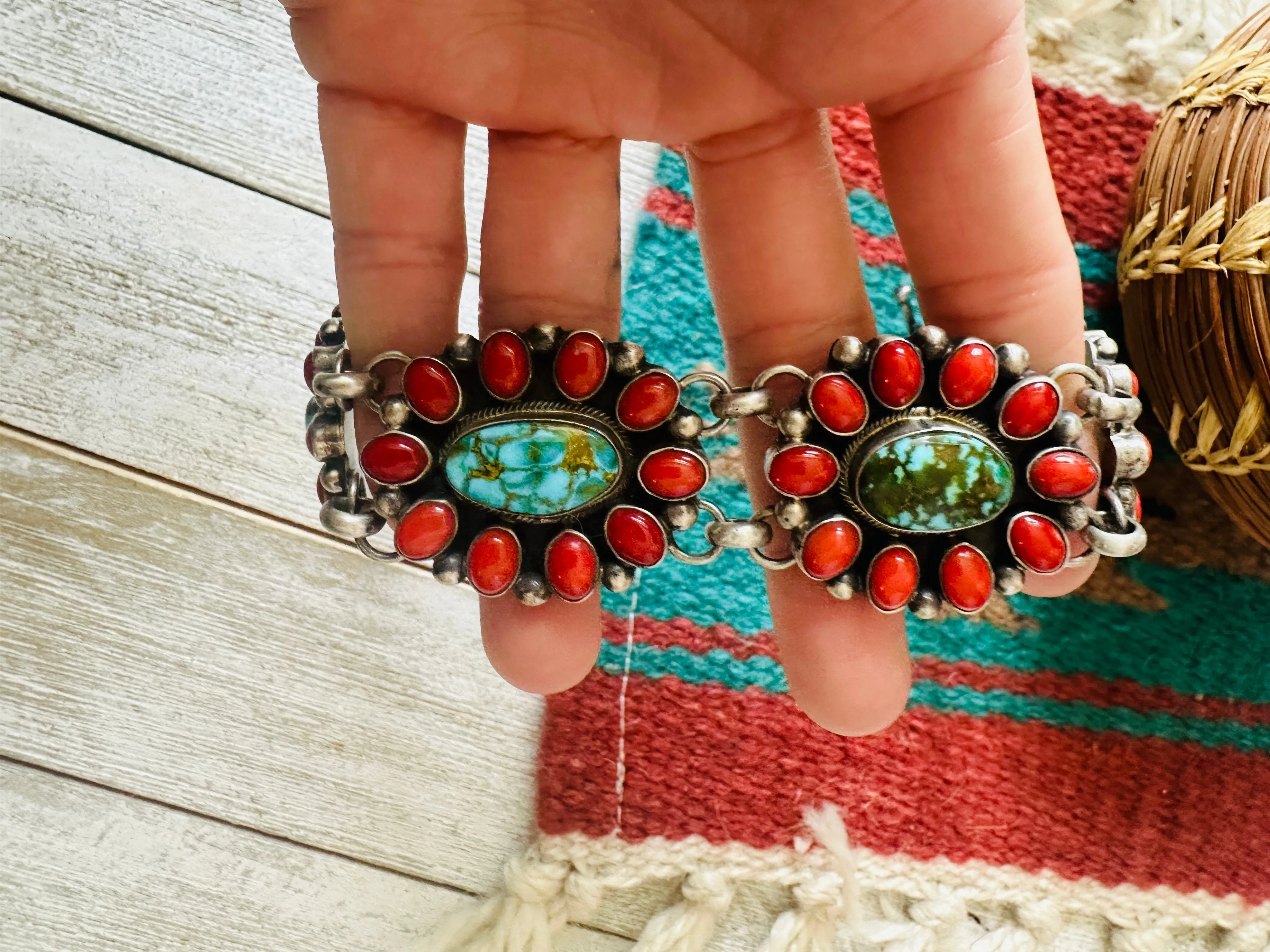 Navajo Coral, Turquoise & Sterling Silver Link Bracelet