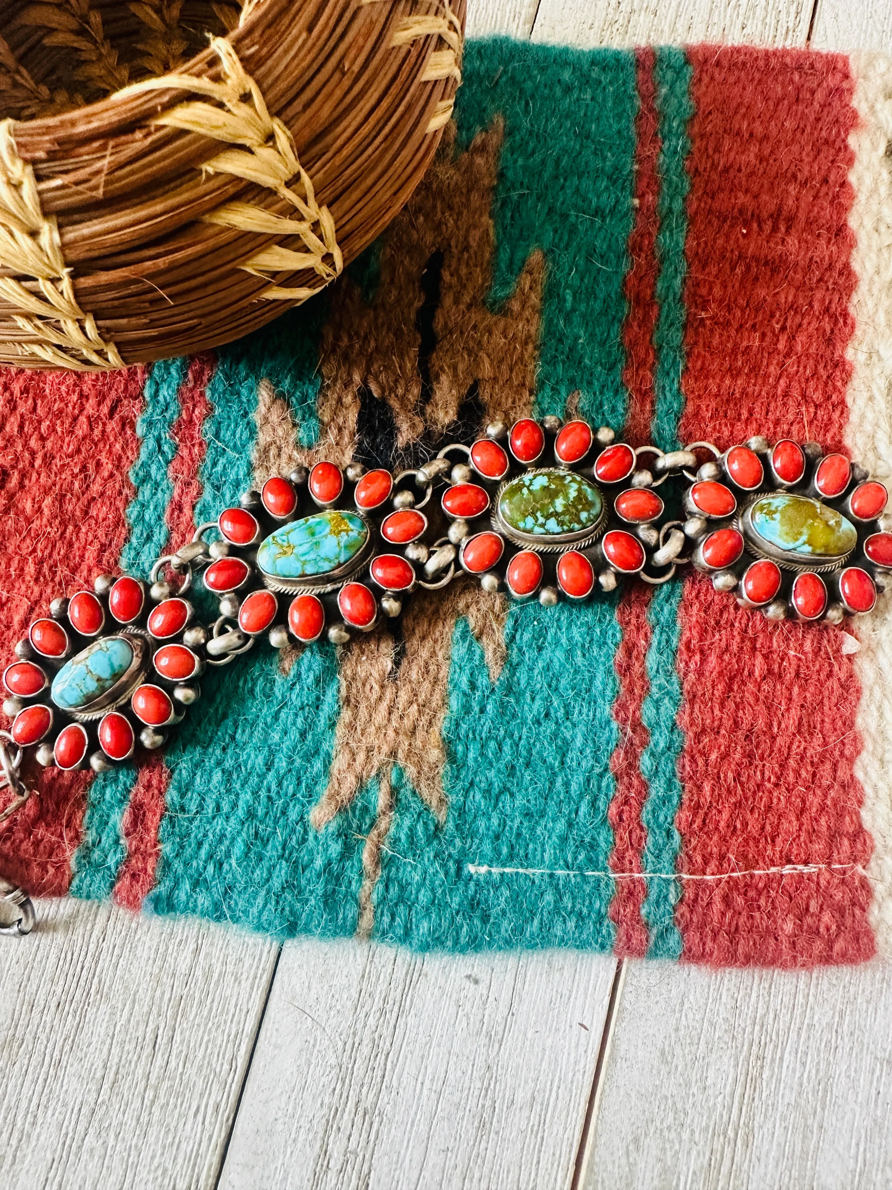 Navajo Coral, Turquoise & Sterling Silver Link Bracelet