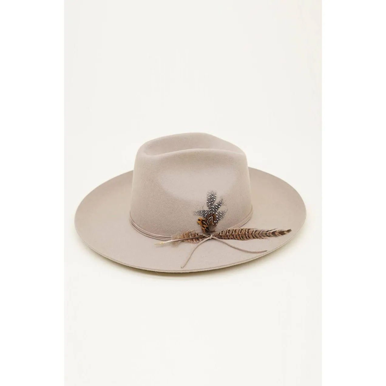 Olive & Pique - Western Cowboy Hat, 100% Wool Felt, Feather Trim, Beige Hat