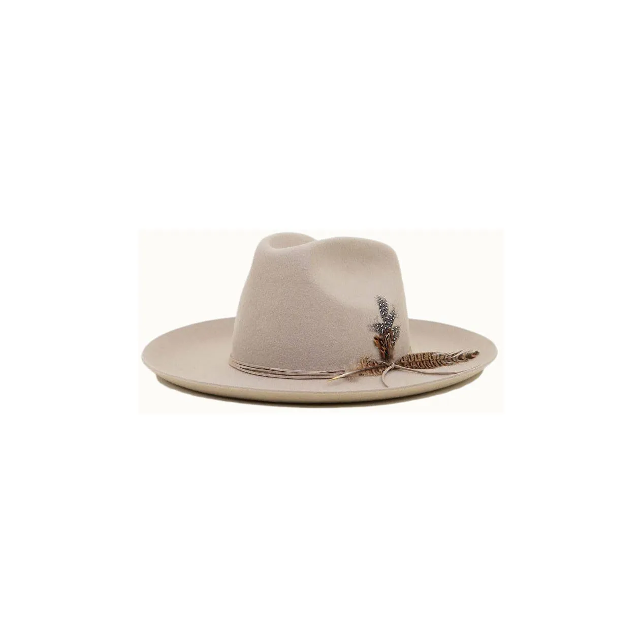 Olive & Pique - Western Cowboy Hat, 100% Wool Felt, Feather Trim, Beige Hat