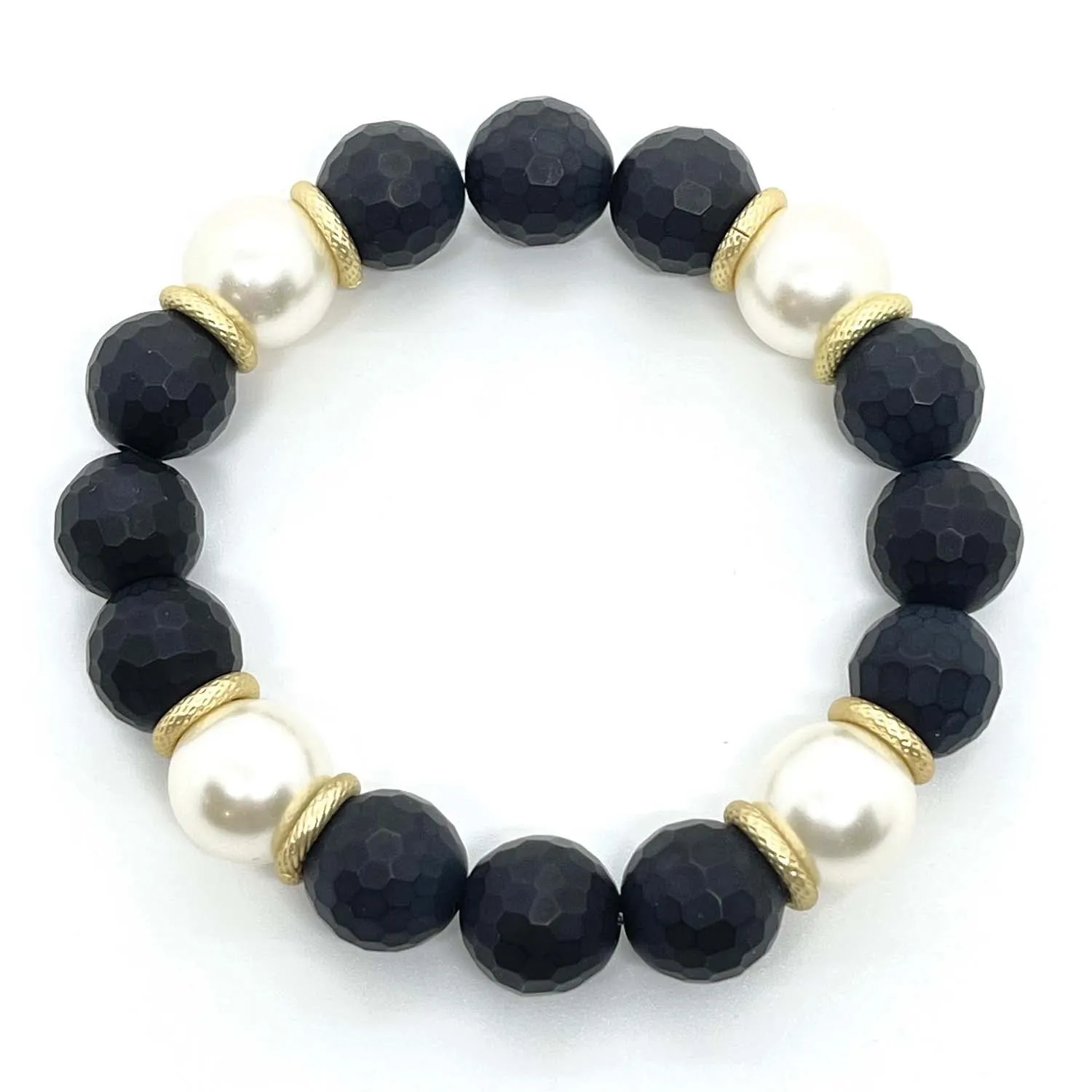 Onyx And Glass Pearl Stretch Bracelet