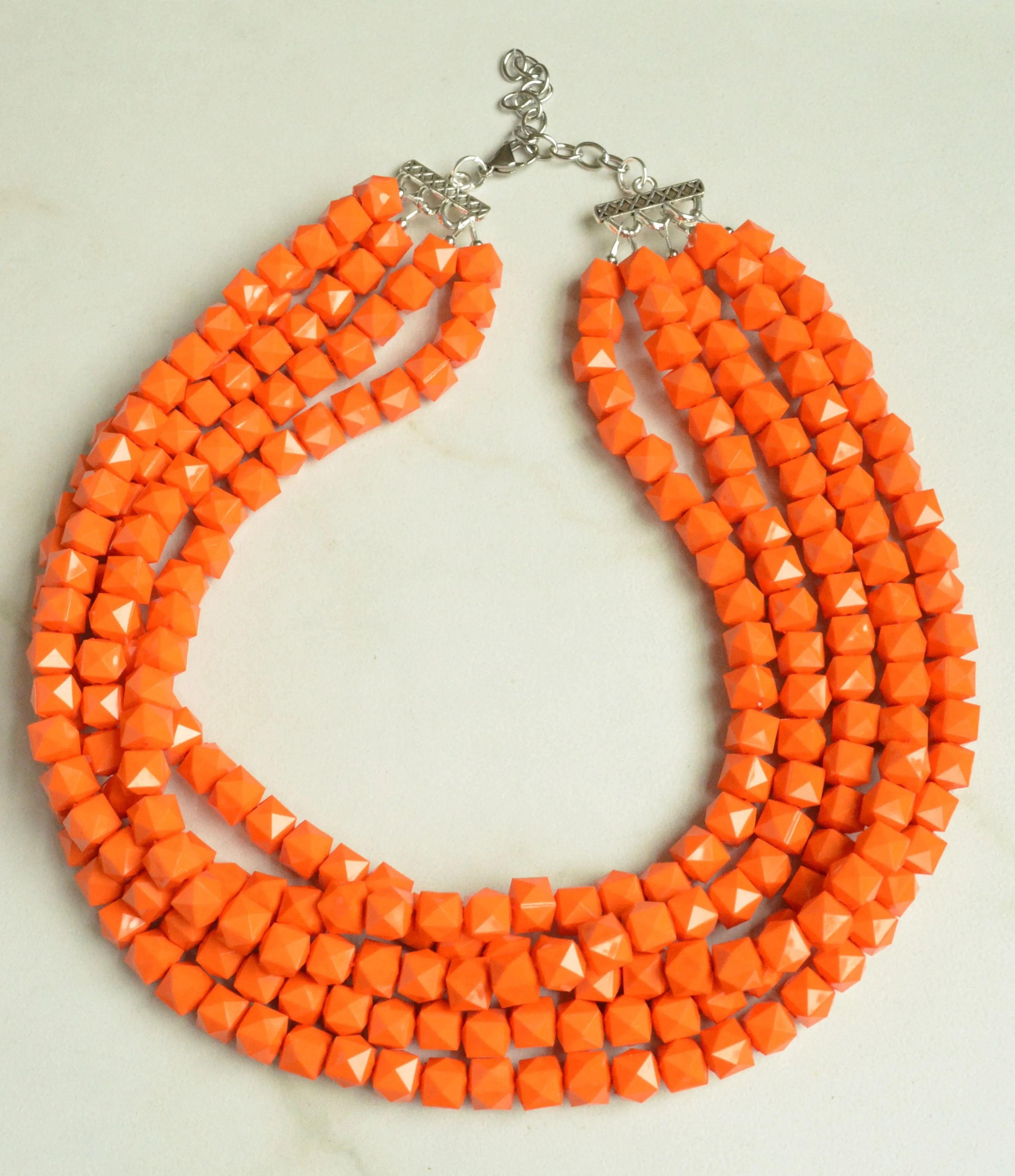 Orange Acrylic Beaded Chunky Multi Strand Statement Necklace - Lexi