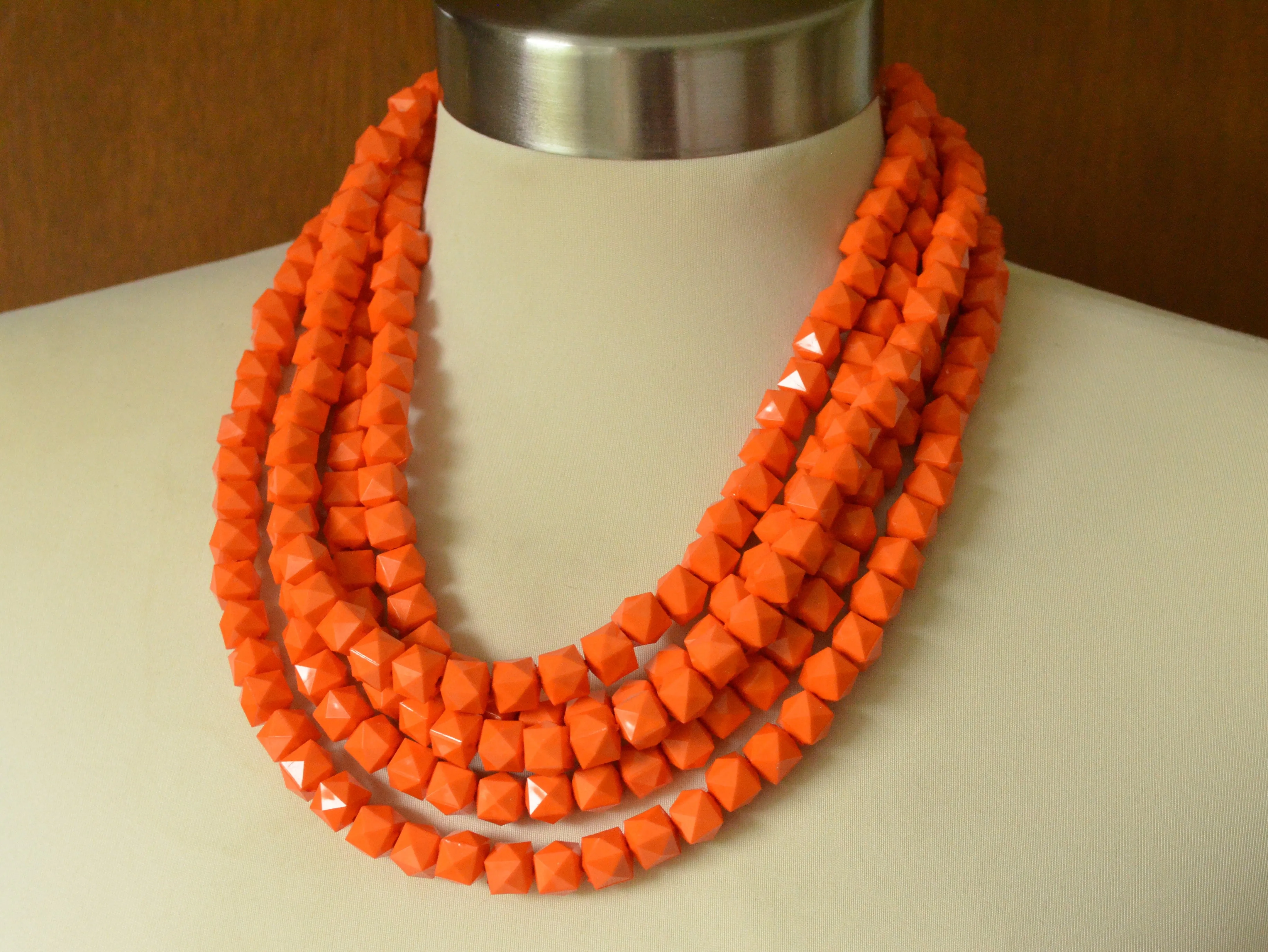 Orange Acrylic Beaded Chunky Multi Strand Statement Necklace - Lexi