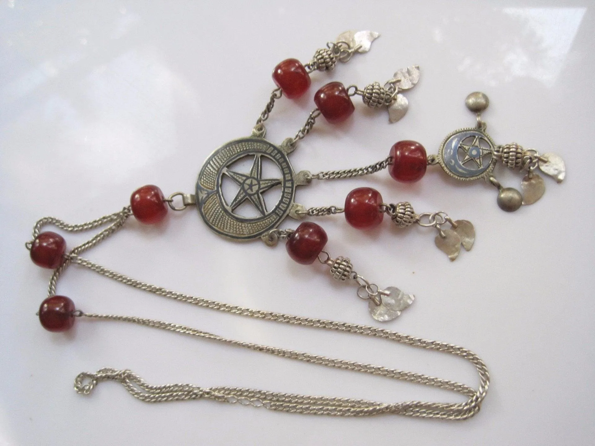 Ottoman Silver and Niello Long Necklace With Crescent and Star Motif