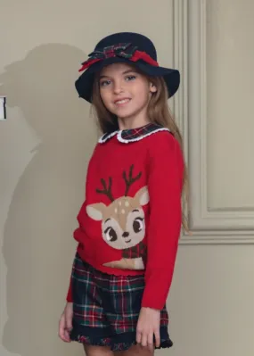 Patachou Girls Navy and Red Tartan Bow Wool Rimmed Hat