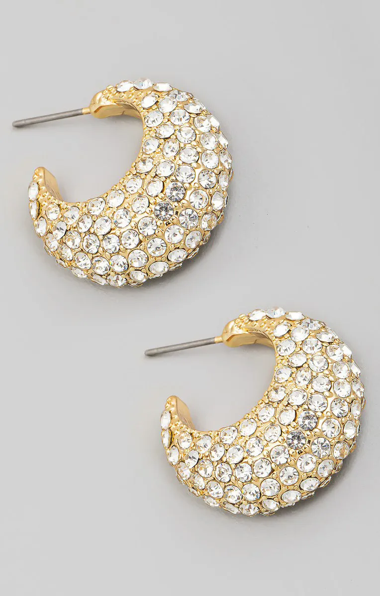 Pave Rhinestone Puff Hoop Earrings ~ Gold