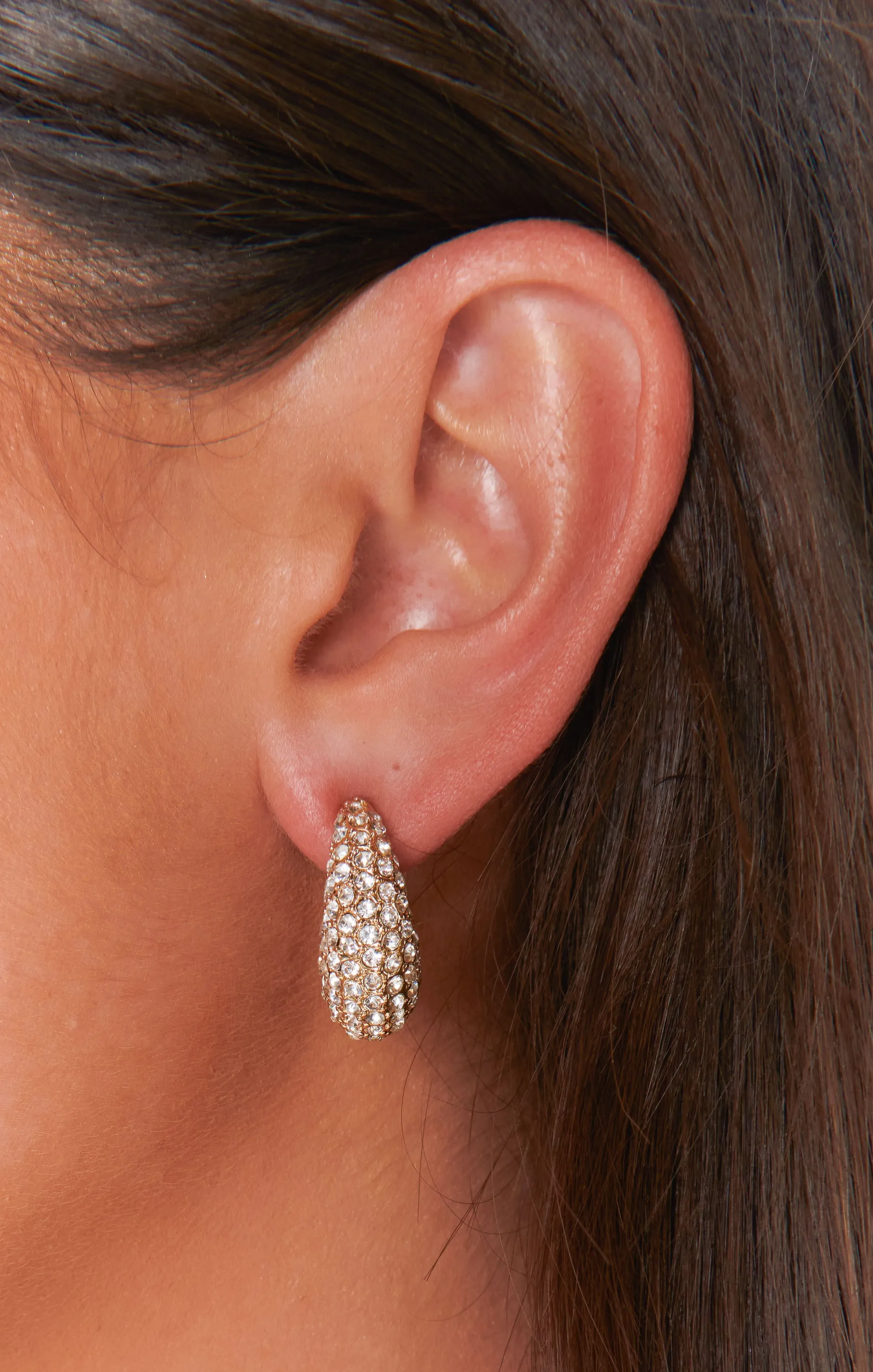 Pave Rhinestone Puff Hoop Earrings ~ Gold