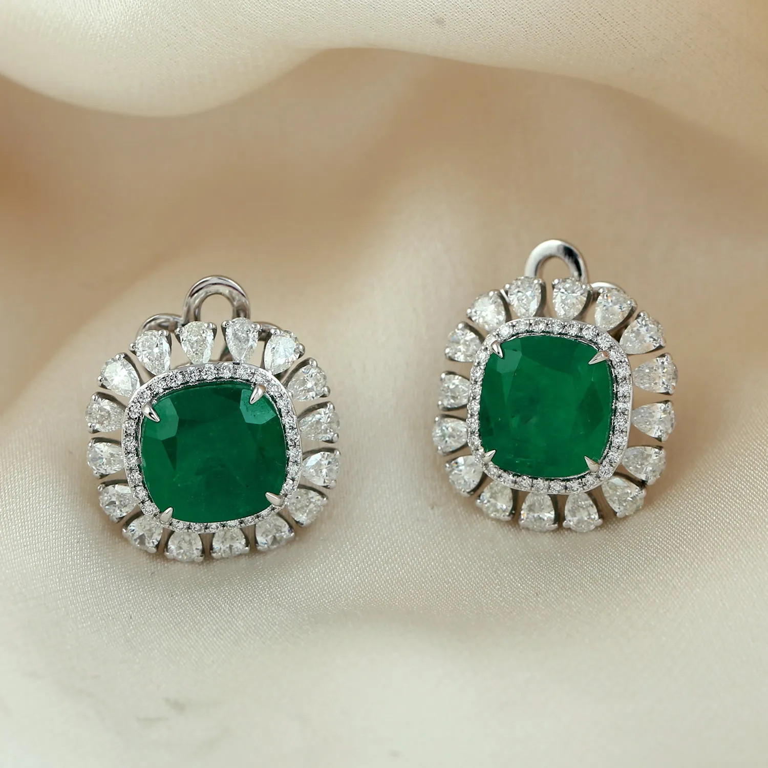 Pear Cut Diamond Emerald Halo May Birthstone Designer Stud Ear Jewelry For Women