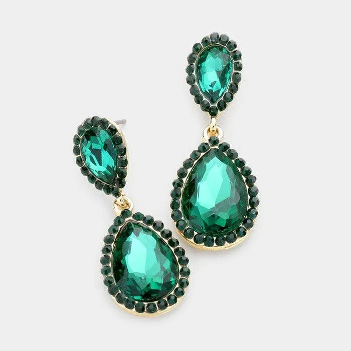 Pear Emerald Green Crystal Pave Trim Earrings