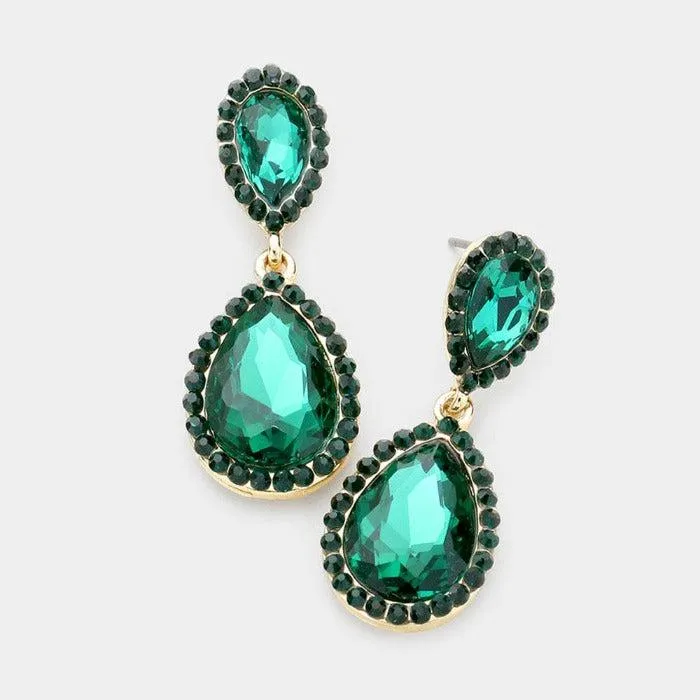 Pear Emerald Green Crystal Pave Trim Earrings