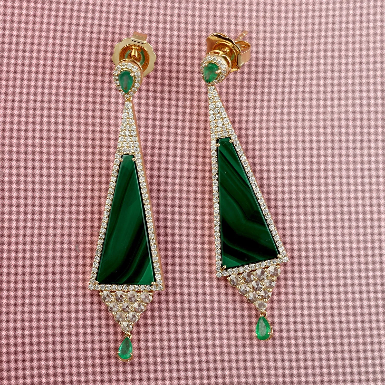 Pear Emerald Pave Rose Cut Diamond Beautiful Malachite Dangler Earrings In Yellow Gold