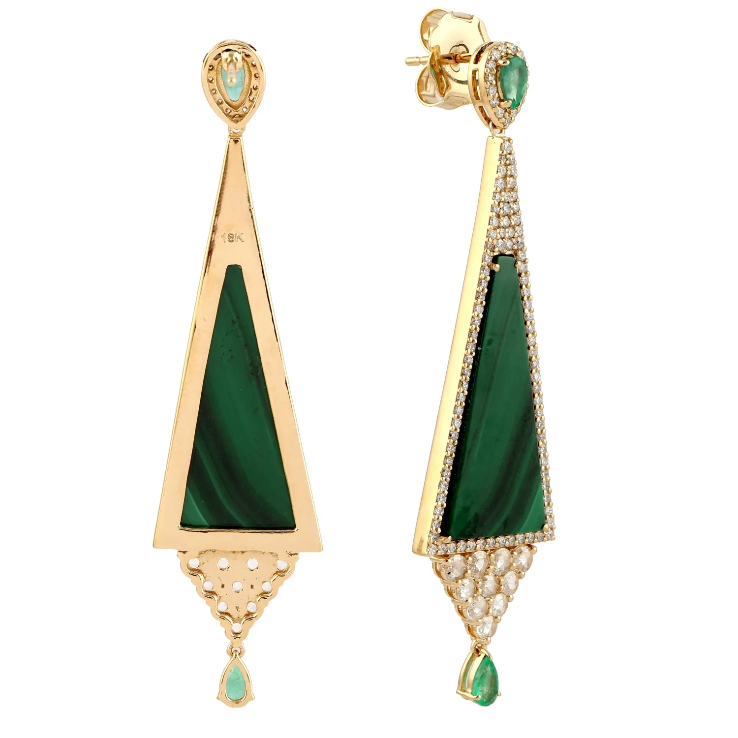 Pear Emerald Pave Rose Cut Diamond Beautiful Malachite Dangler Earrings In Yellow Gold