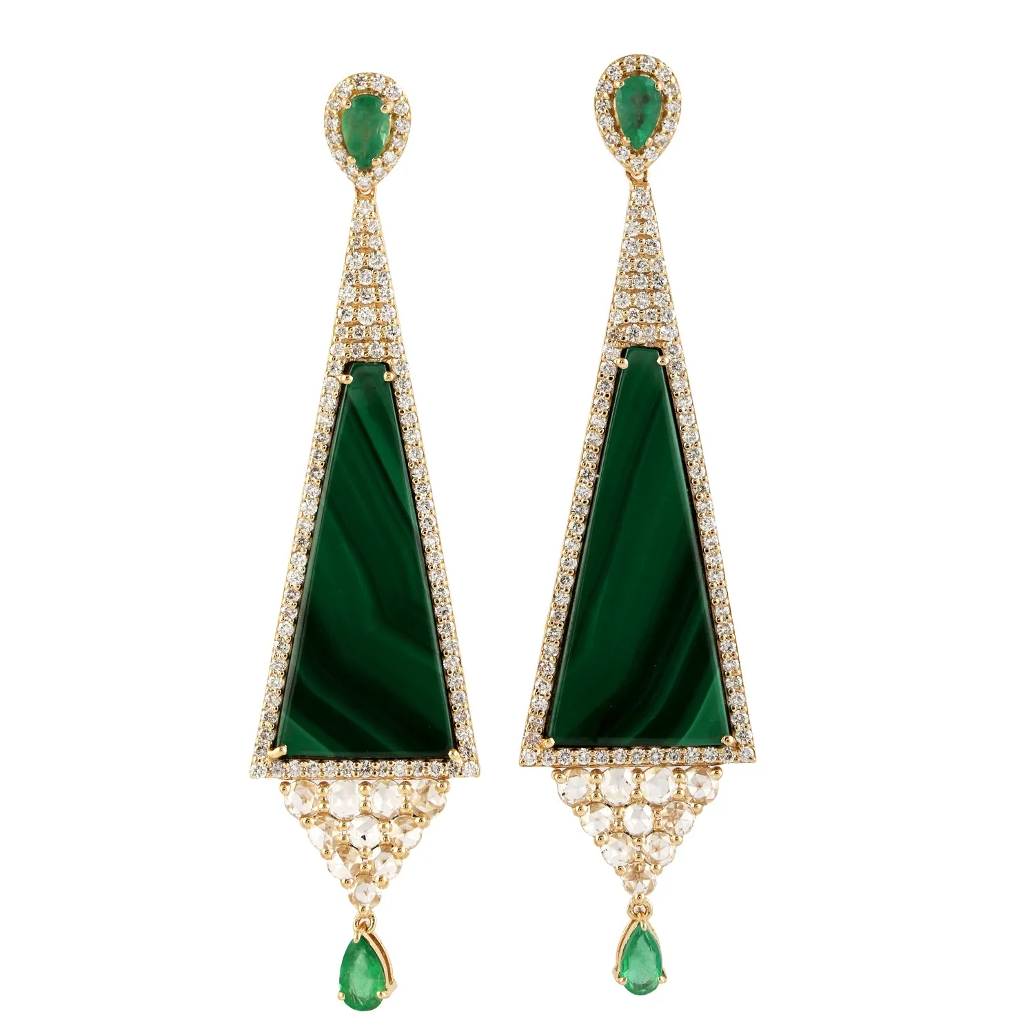 Pear Emerald Pave Rose Cut Diamond Beautiful Malachite Dangler Earrings In Yellow Gold