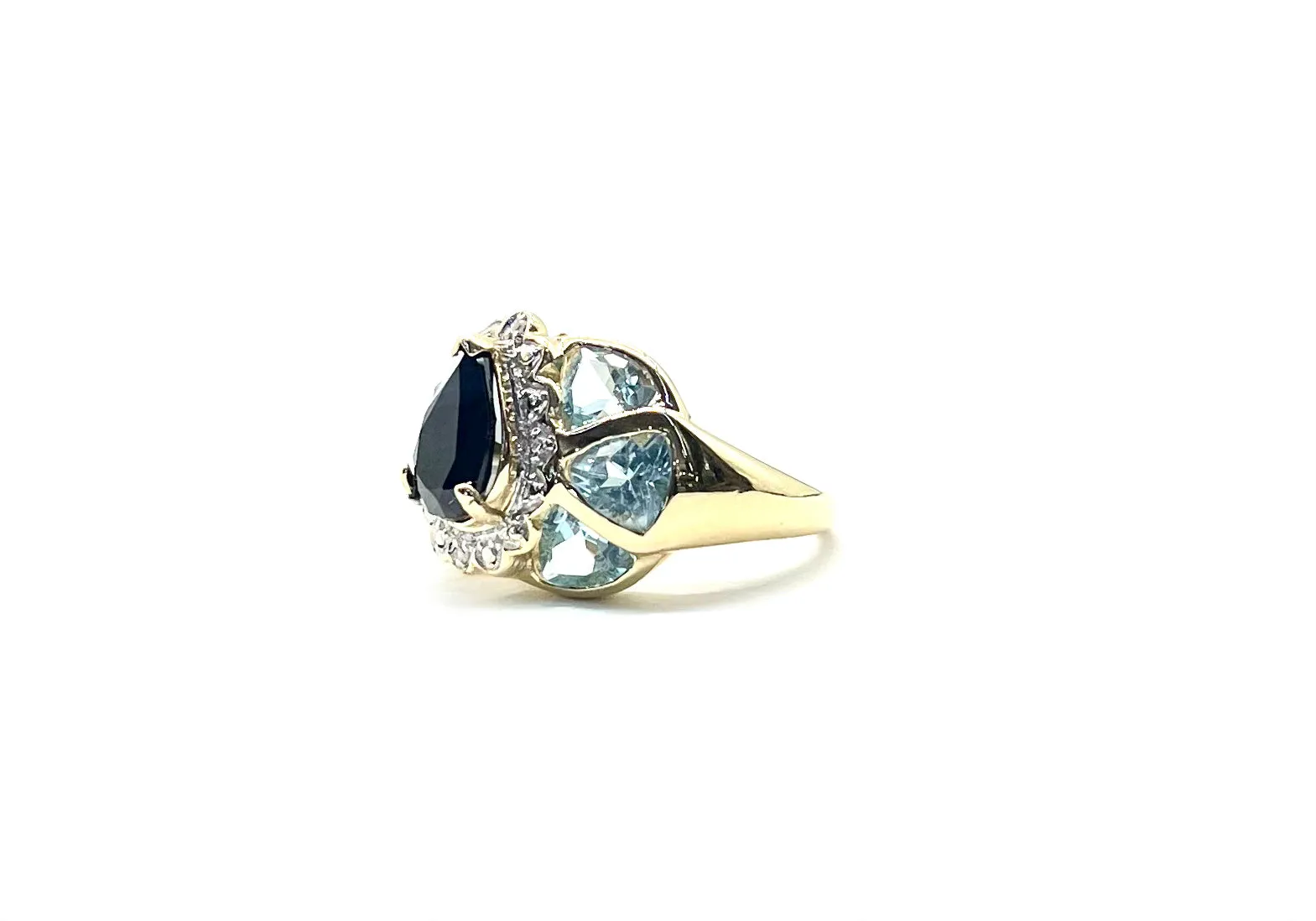 Pear Sapphire, Blue Topaz and Diamond Halo Ring