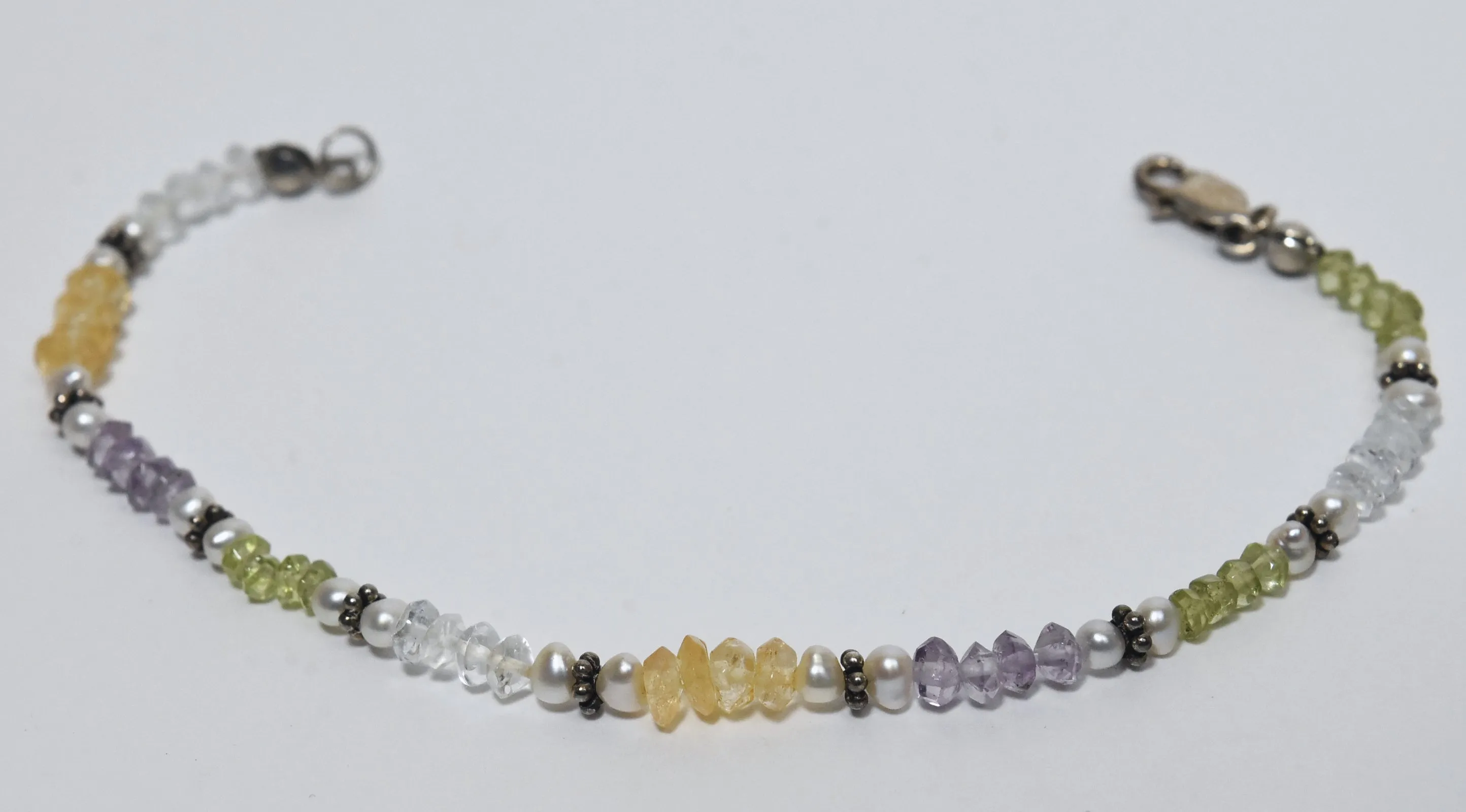 Peridot, Citrine, Amethyst, Quartz, Pearl and Silver Beaded Bracelet