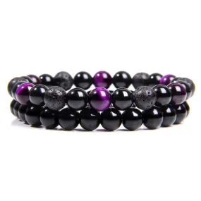 Perseverance Bracelet Trio: Purple Tiger's Eye, Black Onyx, and Lava Stone